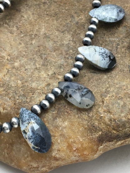 Black Rutile & Opal Pear Shaped Navajo Pearls Sterling Silver Necklace 04091