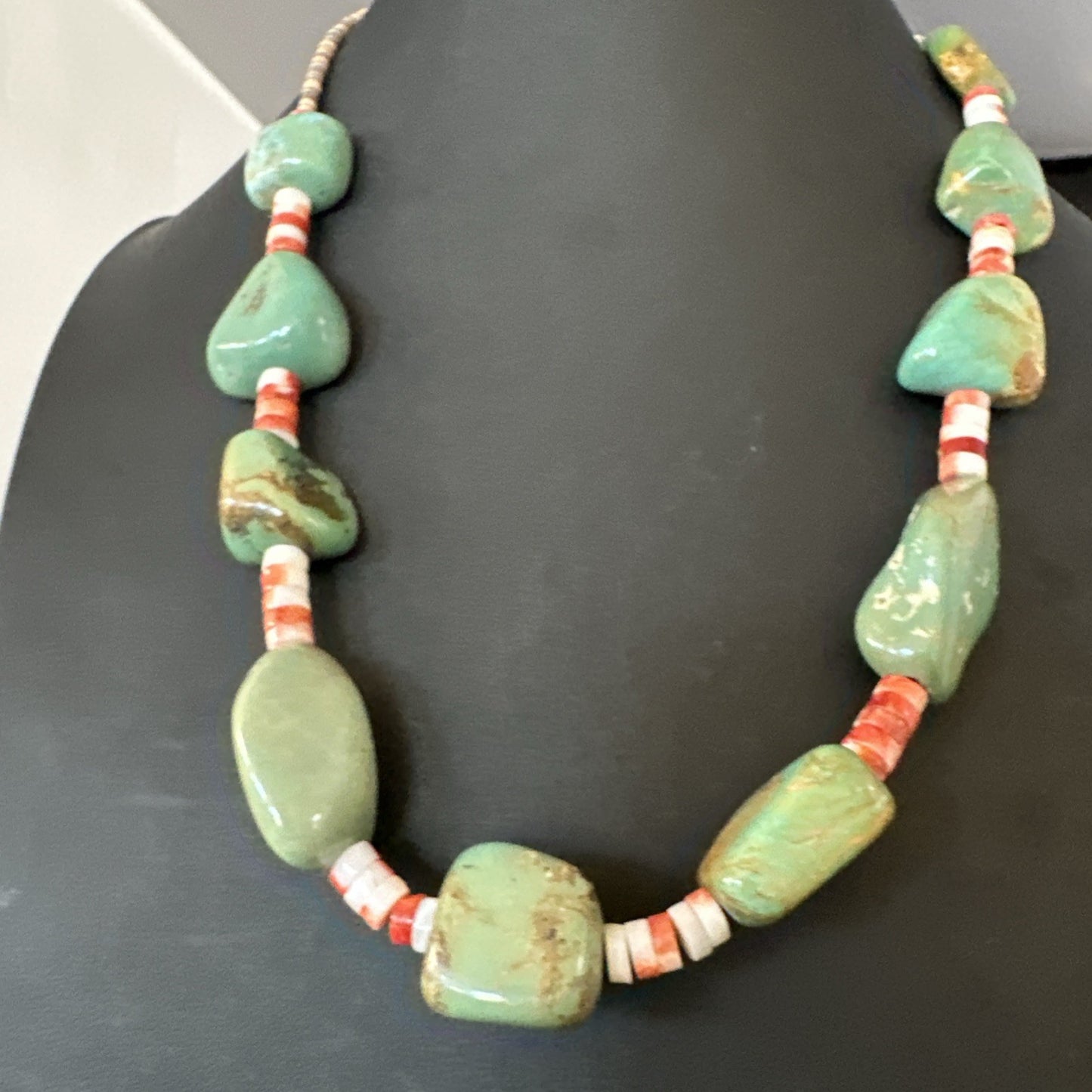 Navajo Green Turquoise Red Spiny Oyster Necklace Sterling 23" 19717
