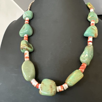 Navajo Green Turquoise Red Spiny Oyster Necklace Sterling 23" 19717