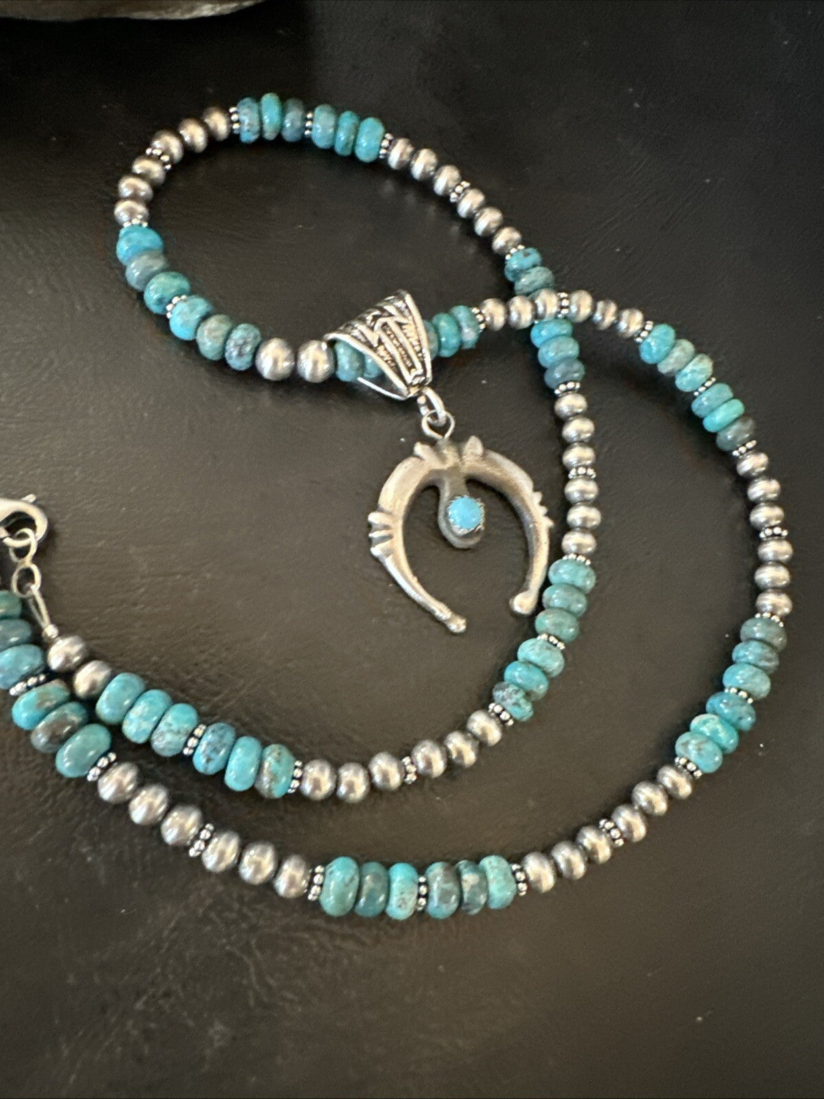 Blue Turquoise Naja Pendant 6mm Beads Navajo Sterling Silver Necklace 21" 18674