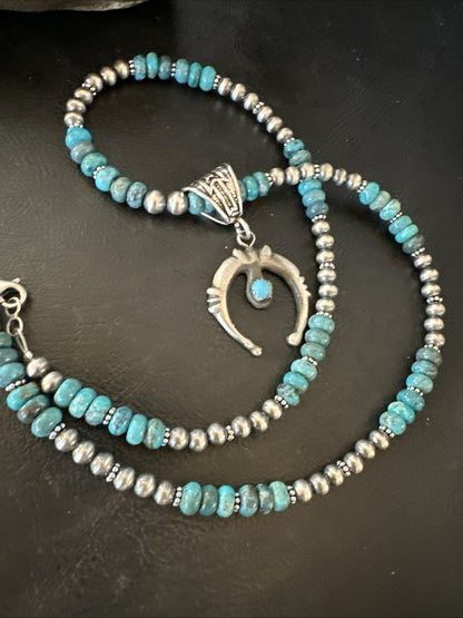 Blue Turquoise Naja Pendant 6mm Beads Navajo Sterling Silver Necklace 21" 18674