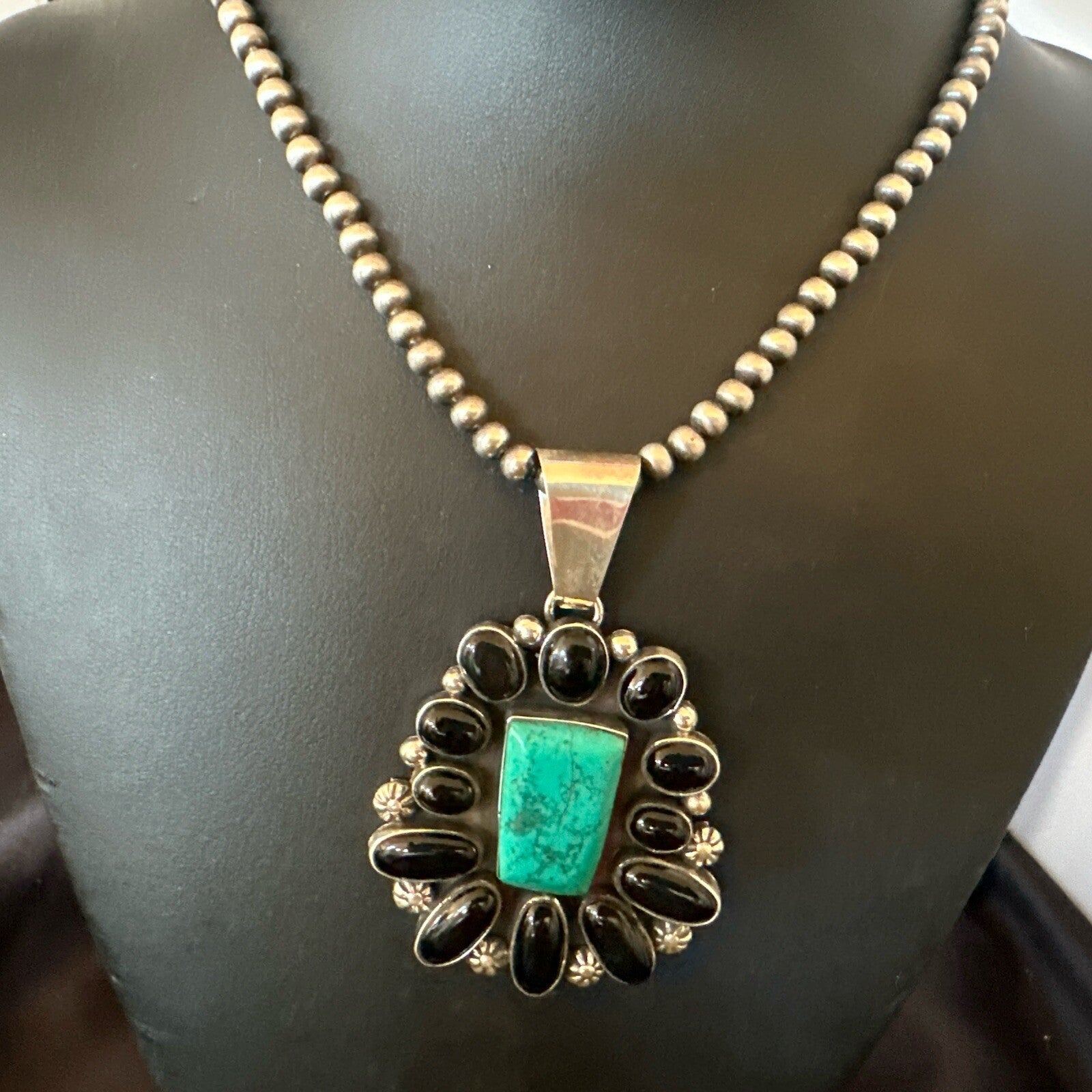 Womens Black Onyx Blue Turquoise Pendant Navajo Sterling Silver Necklace 18401