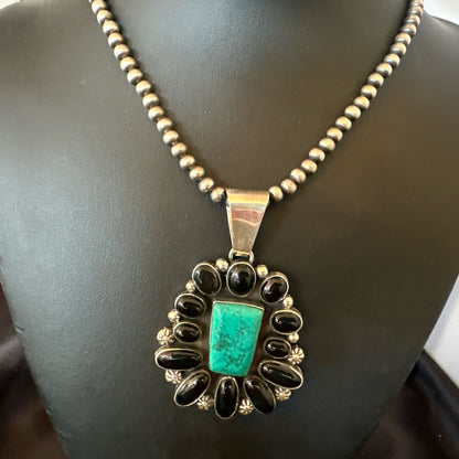Womens Black Onyx Blue Turquoise Pendant Navajo Sterling Silver Necklace 18401
