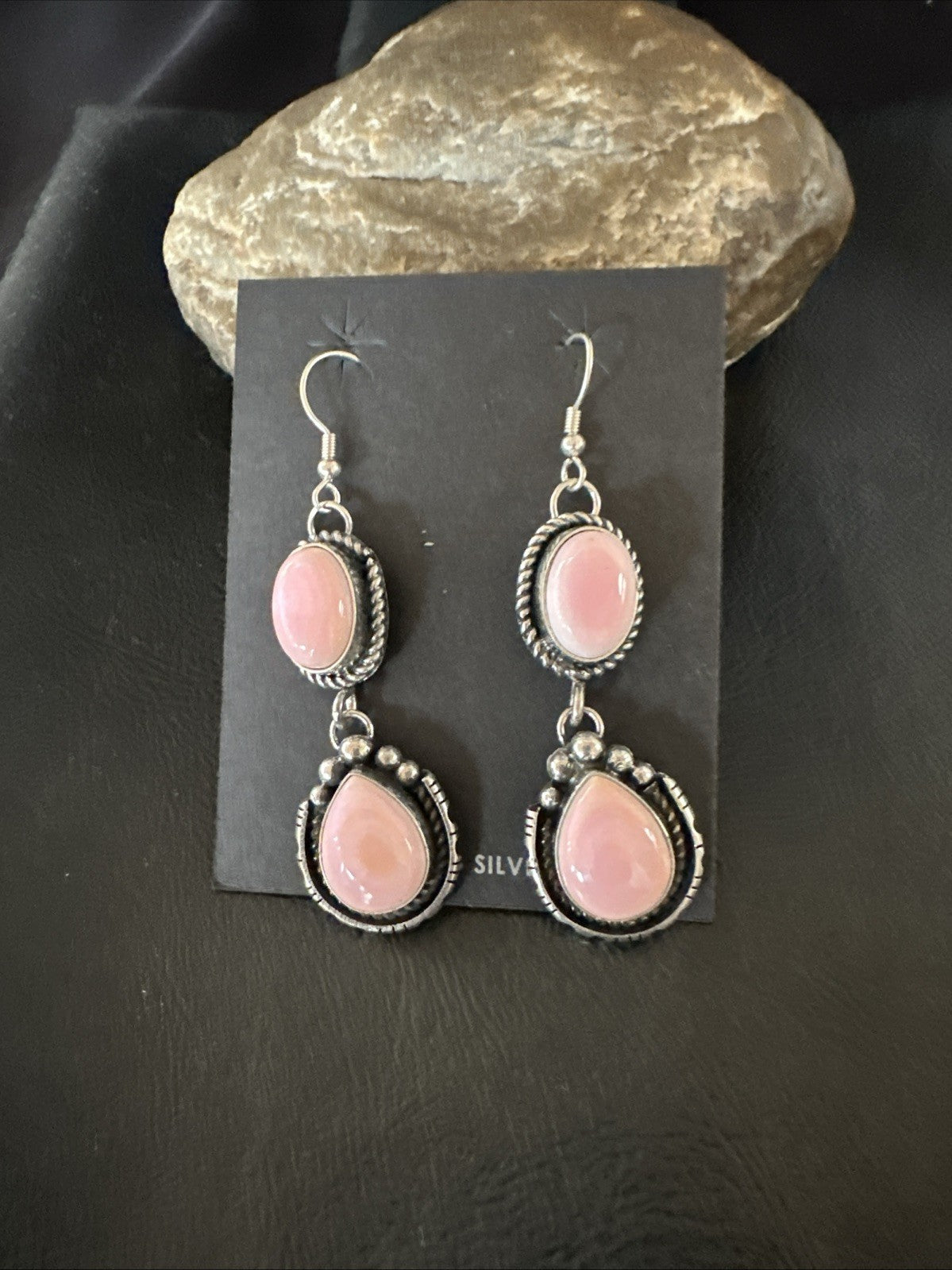 Yazzie Pink Queen Conch Navajo Sterling Silver Dangle Earrings 19320