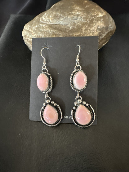 Yazzie Pink Queen Conch Navajo Sterling Silver Dangle Earrings 19320