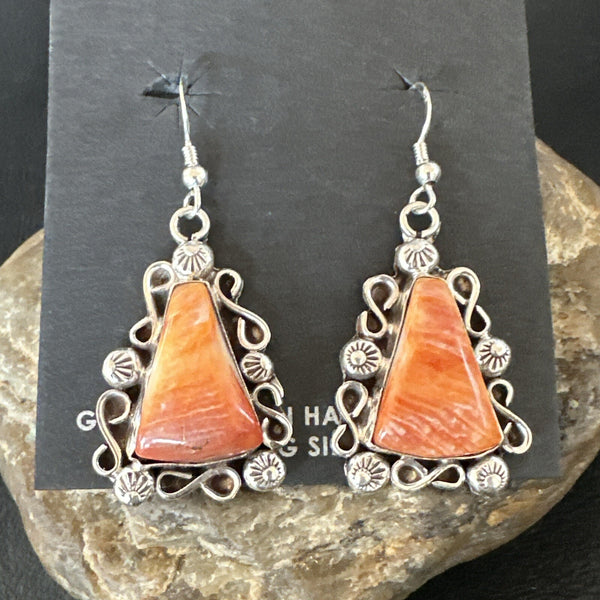Native Navajo Sterling Silver Orange Spiny Oyster Dangle Earrings 17270
