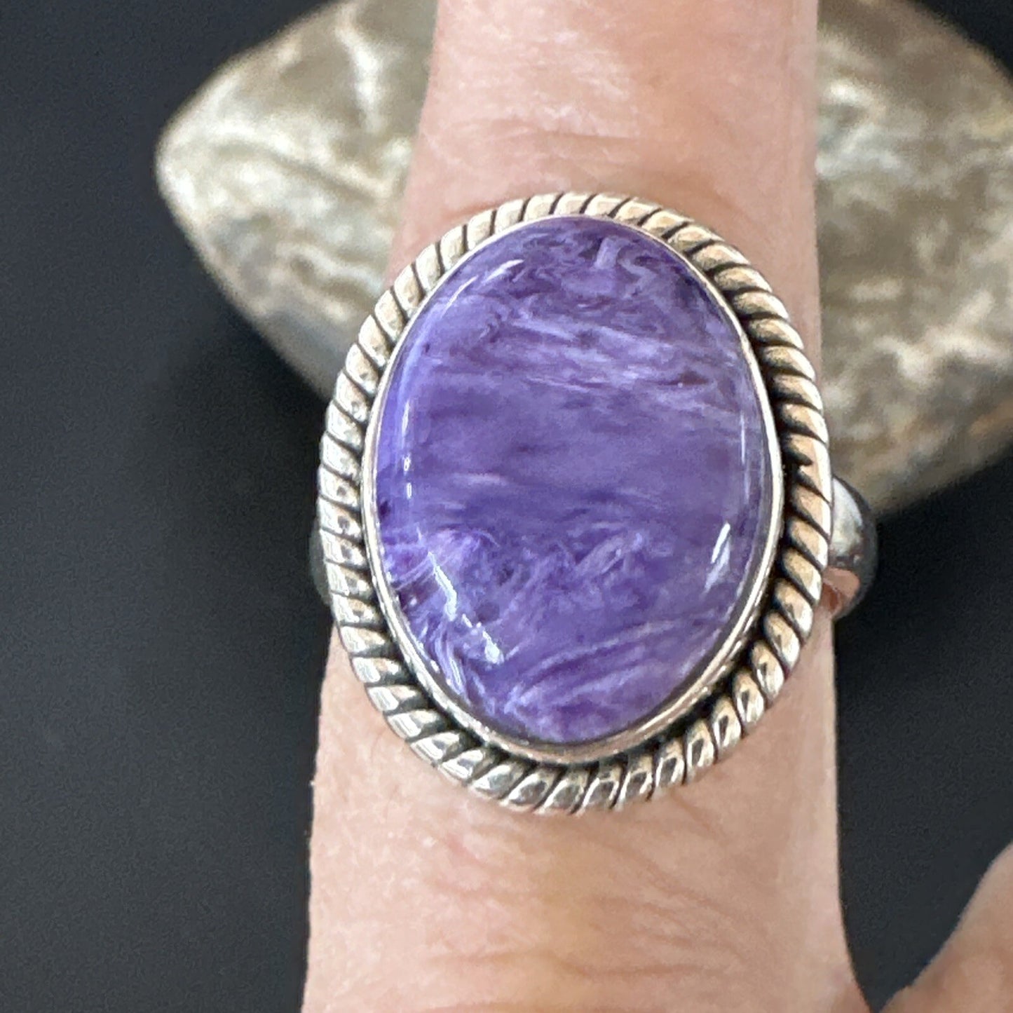 Womens Purple Charoite Navajo Sterling Silver Oval Ring Adjustable Size 9 17247