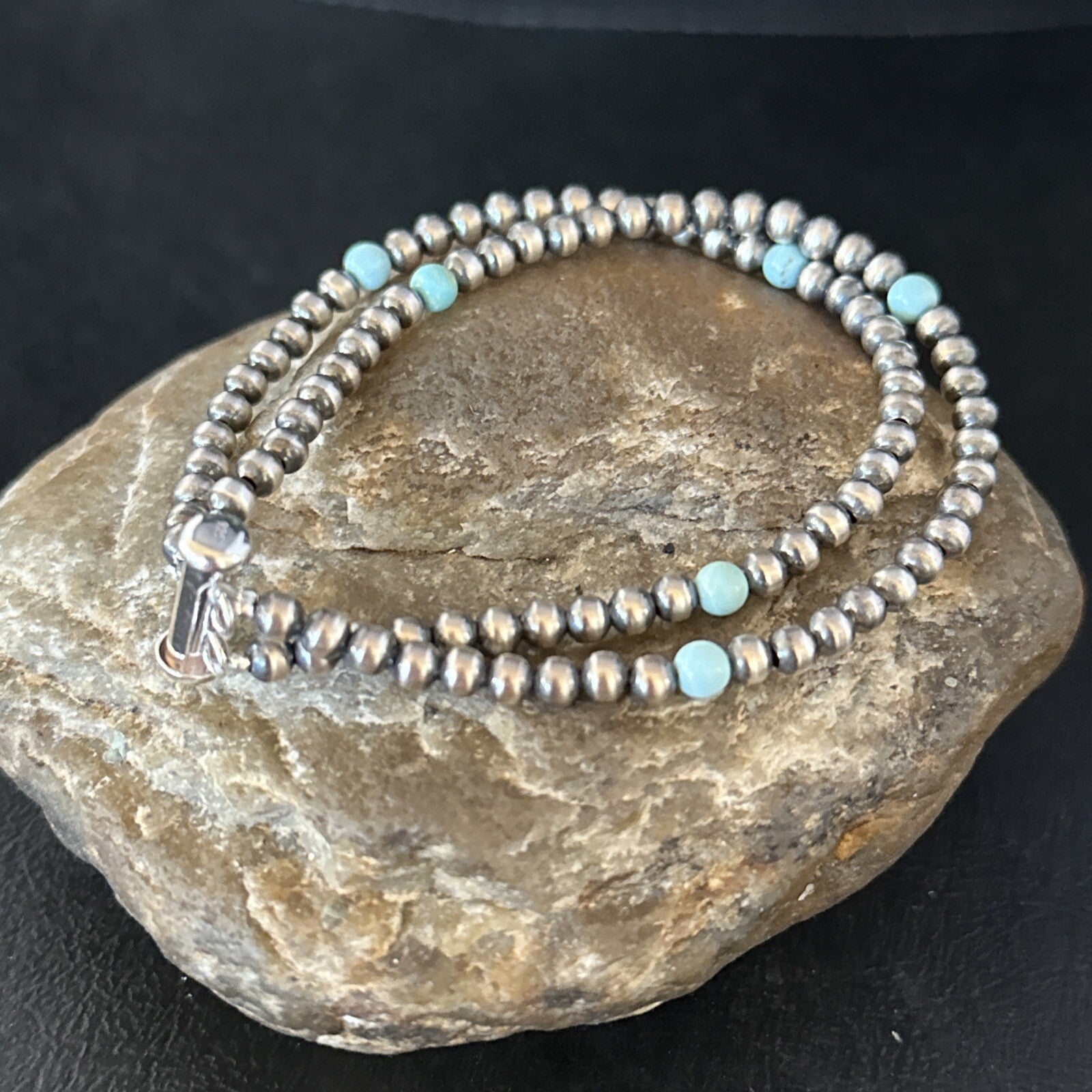 Native Navajo Sterling Silver Blue Turquoise Bracelet 2S 7.5" 14385