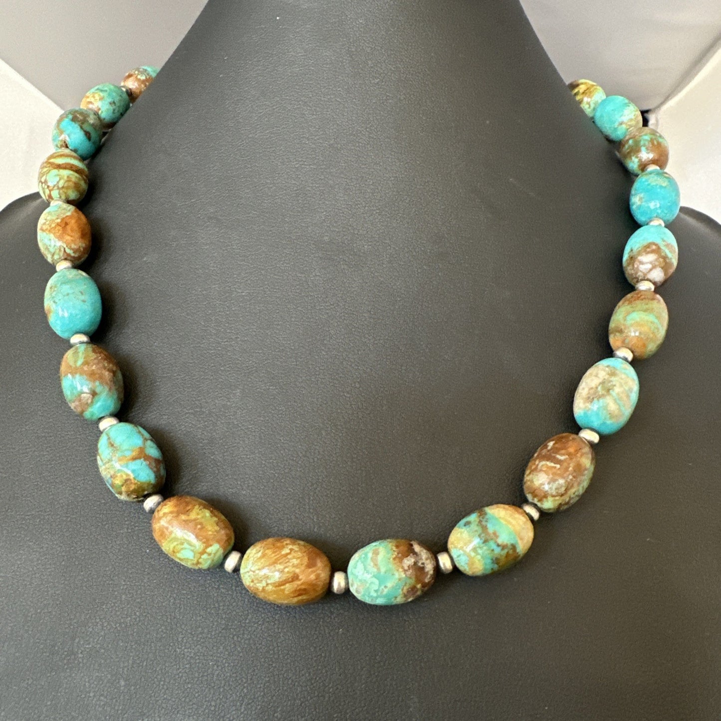 Green Blue Royston Turquoise Navajo Sterling Silver Beads Necklace 18" 19562