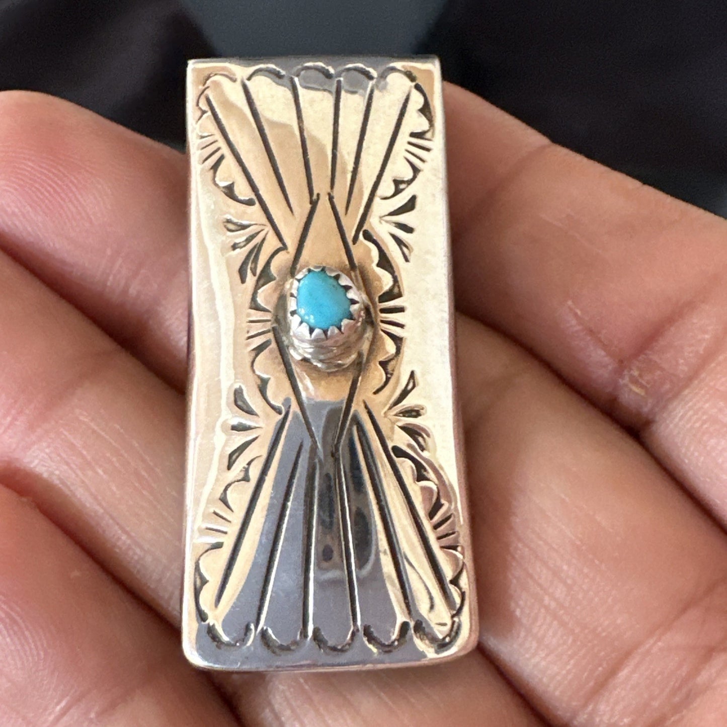 Mens Blue Turquoise Navajo Credit Card Holder Stamped Silver Money Clip 19734