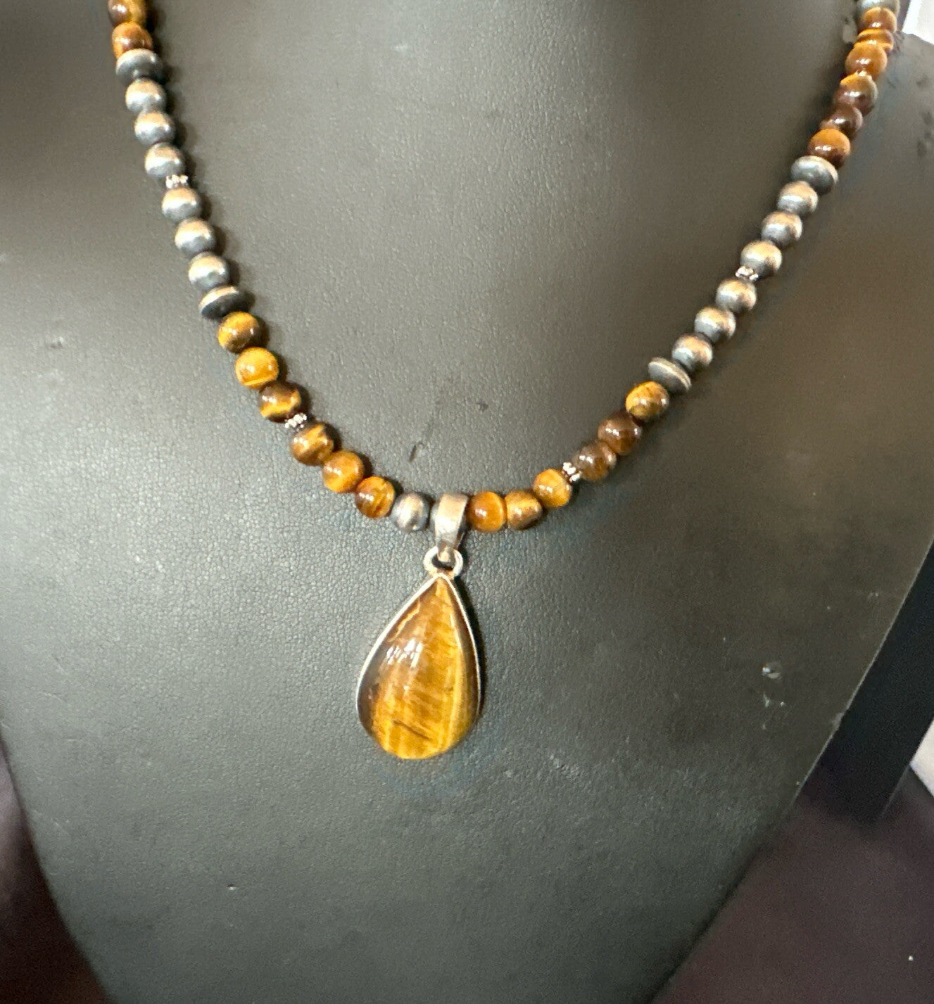 Coffee Brown Tigers Eye Sterling Silver Pendant Necklace Southwestern 18280