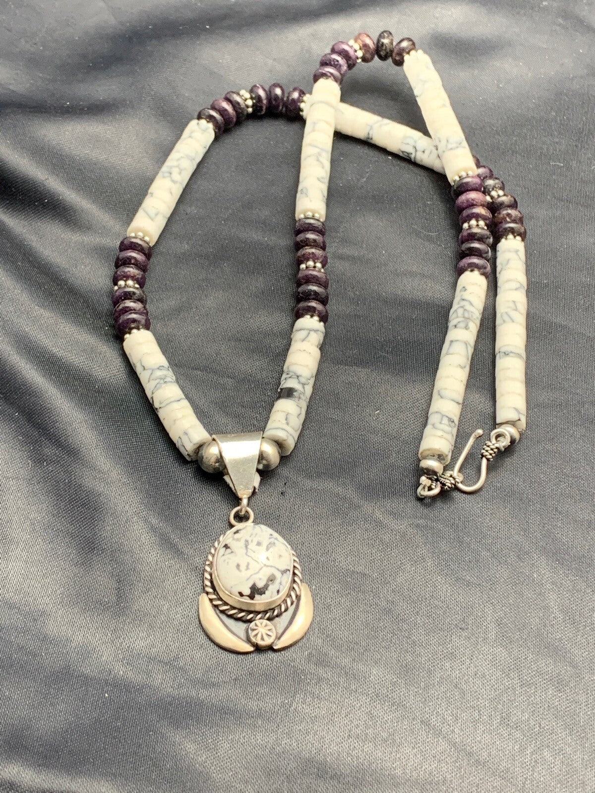 Native  Purple Stone & Howlite Bead Navajo Sterling Silver Necklace 04606