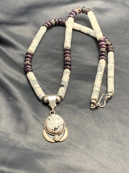 Native  Purple Stone & Howlite Bead Navajo Sterling Silver Necklace 04606
