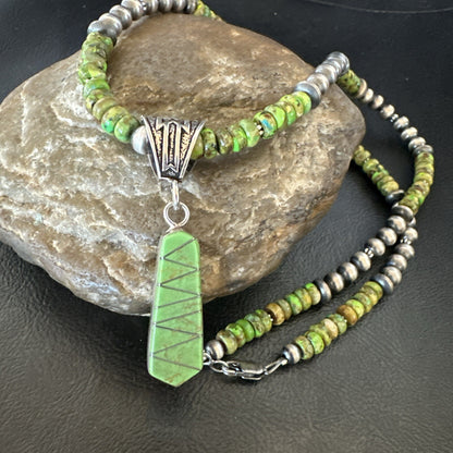 Womens Green Gaspeite Turquoise Pendant Navajo Sterling Silver Necklace 18372