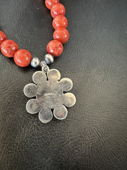 Navajo Apple Sponge Coral Sterling Silver Necklace Pendant 18327