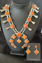 Orange Spiny Oyster Squash Blossom Necklace 26"Earrings | Sterling Silver | Authentic Native American Handmade | 19074