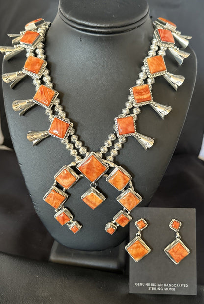 Orange Spiny Oyster Sterling Silver Squash Blossom Necklace 26" Earrings 19074