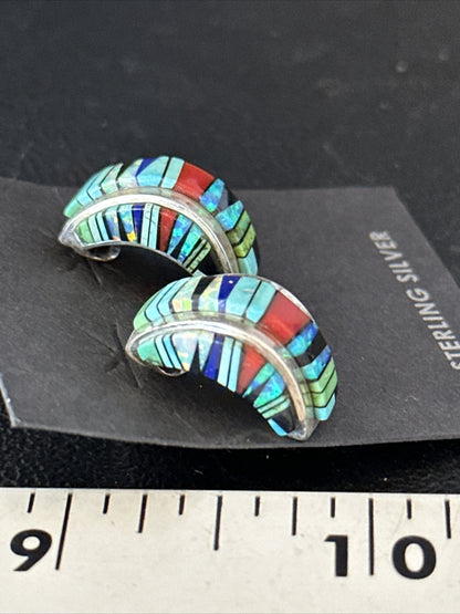Blue Turquoise & Spiny Oyster Navajo Sterling Silver Inlay Earrings 1” 14765