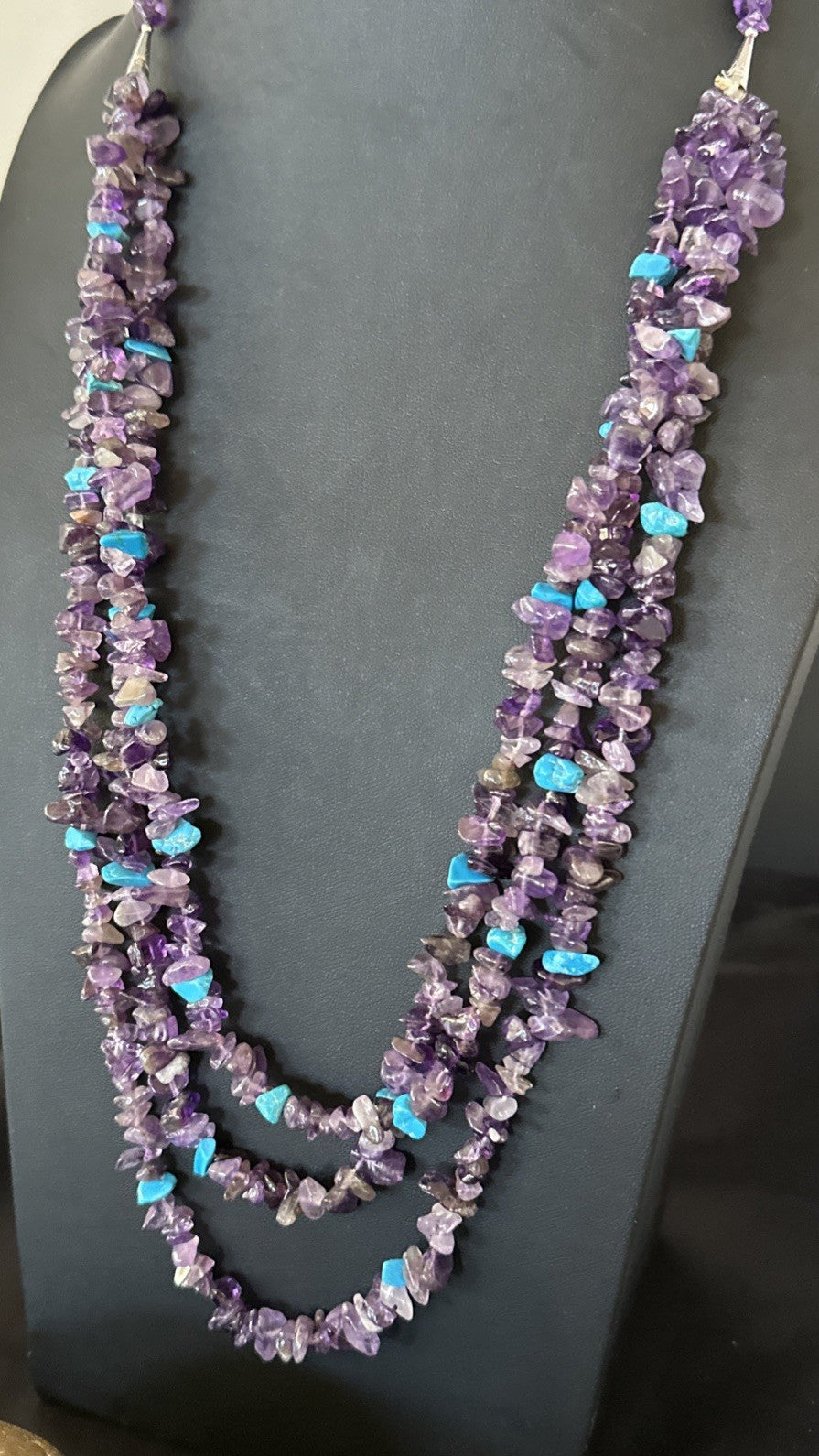 Sterling NAVAJO Purple Amethyst Blue Turquoise 3S Silver Necklace 30” 19569