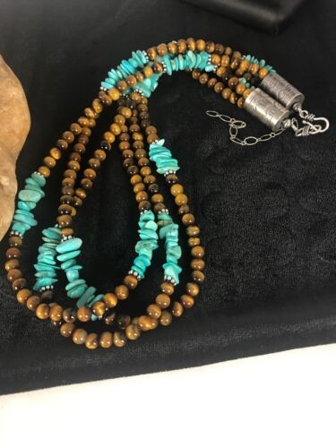 Men's Tigers Eye & Turquoise 3 Strand Necklace Navajo Sterling Silver 8418