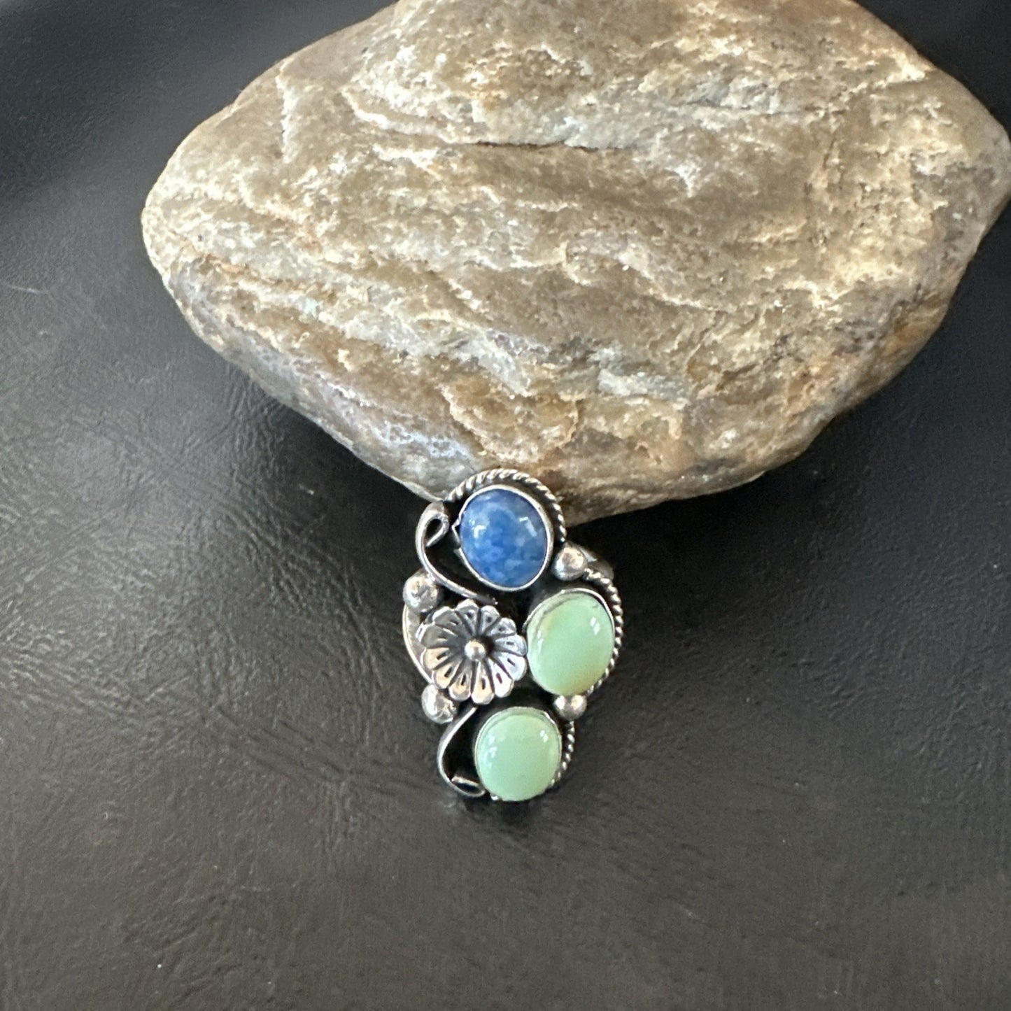 Yazzie Ring Green Turquoise Lapis Navajo Sterling Silver Cluster Size 8 19224