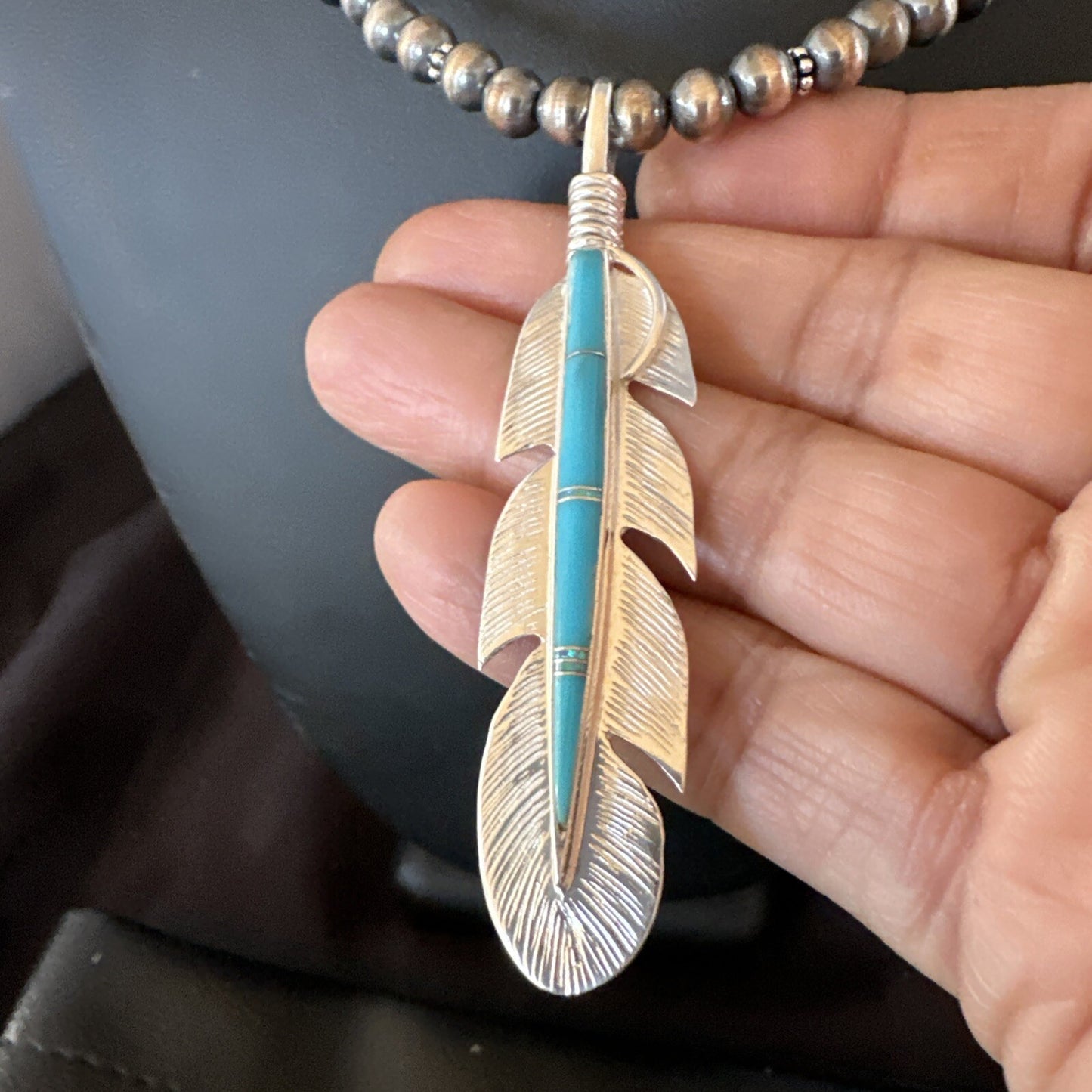 Mens Feather Turquoise Pendant Navajo Sterling Silver Beads Necklace 22" 18669