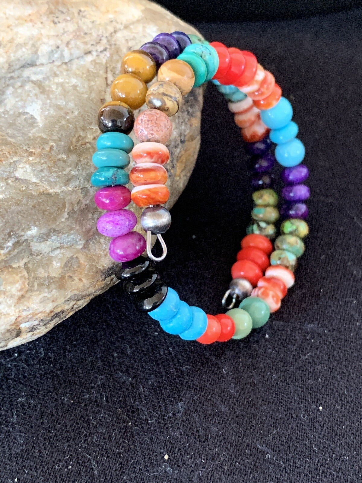 Turquoise, Coral, Tigers Eye, Onyx Navajo Stainless Memory Wire Bracelet 515