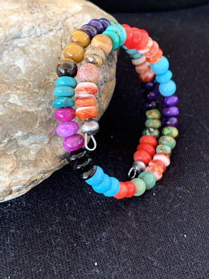 Turquoise, Coral, Tigers Eye, Onyx Navajo Stainless Memory Wire Bracelet 515