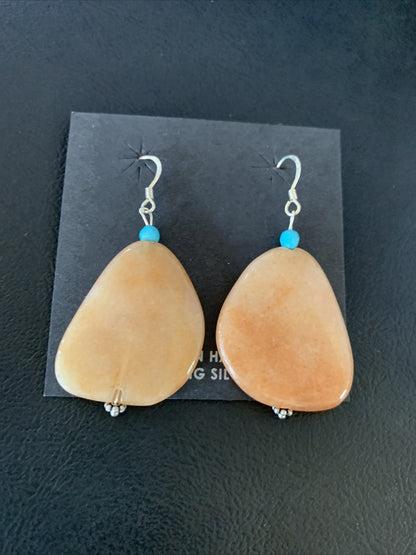 Womens Navajo Tan Jasper Blue Turquoise Sterling Silver Earrings 2" 13101