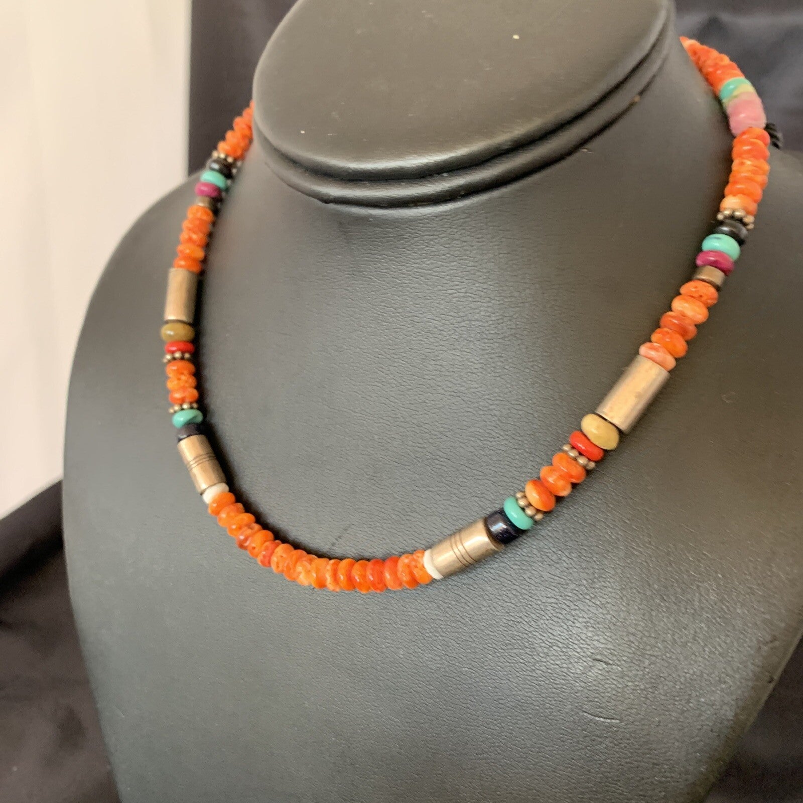 Turquoise Spiny Oyster & Coral Beads Sterling Silver Gold Necklace 10393