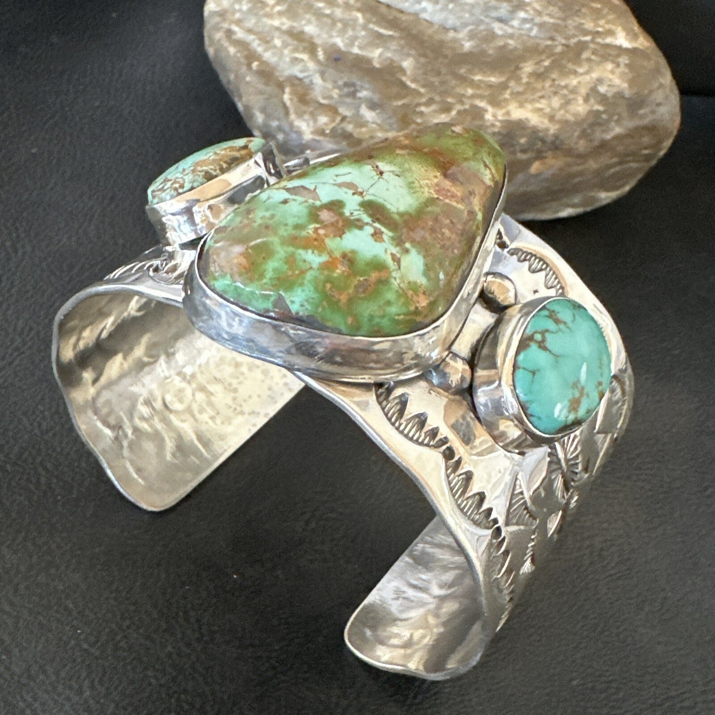 Navajo Green Royston TURQUOISE Stamped Sterling Silver Cuff Bracelet 17938