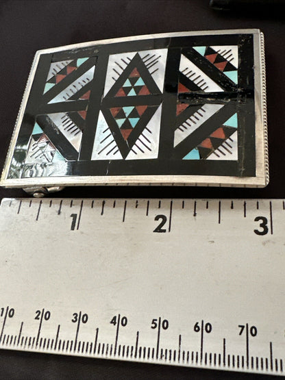 Zuni Black Onyx Belt Buckle Ranger Set Turquoise MOP Coral Sterling Silver 18141