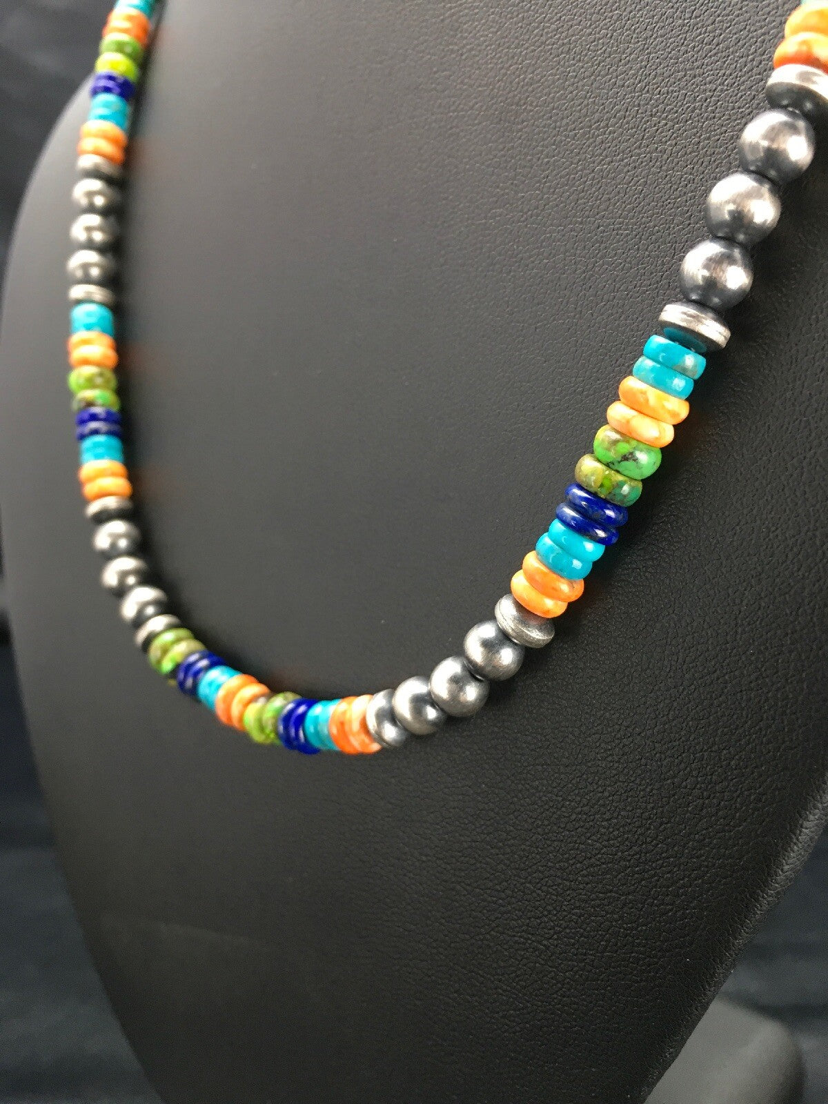 Southwestern Turquoise Spiny Lapis Silver Necklace Bracelet Set 8" 02762