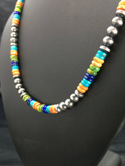 Southwestern Turquoise Spiny Lapis Silver Necklace Bracelet Set 8" 02762