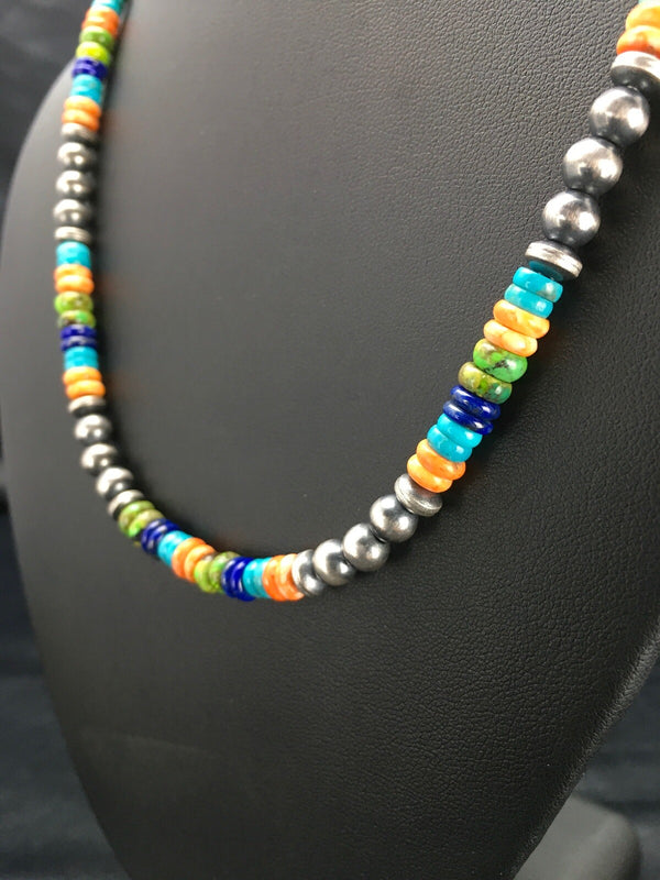 Southwestern Turquoise Spiny Lapis Silver Necklace Bracelet Set 8" | Authentic Native American Handmade | 02762