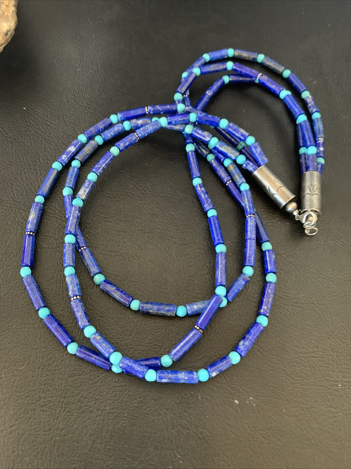Lapis & Turquoise Tube Beads 3 Strands Navajo Sterling Silver Necklace 12701