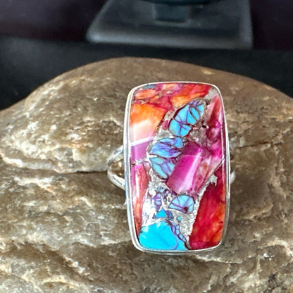 Blue Turquoise Spiny Oyster Southwestern Sterling Silver Ring Size 9 19060
