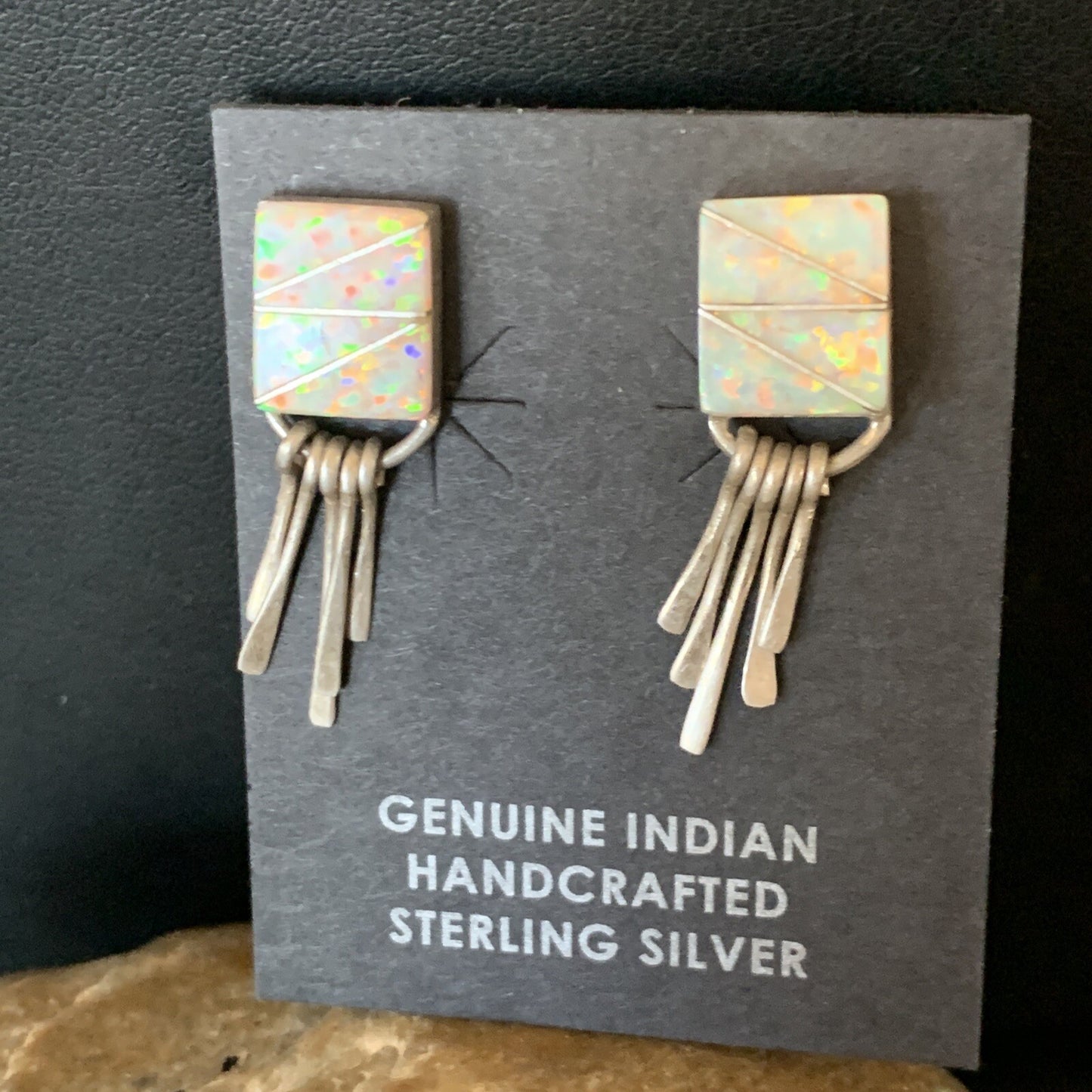 Womens White Opal Inlay Navajo Sterling Silver Dangle Post Earrings 0.5" 12765