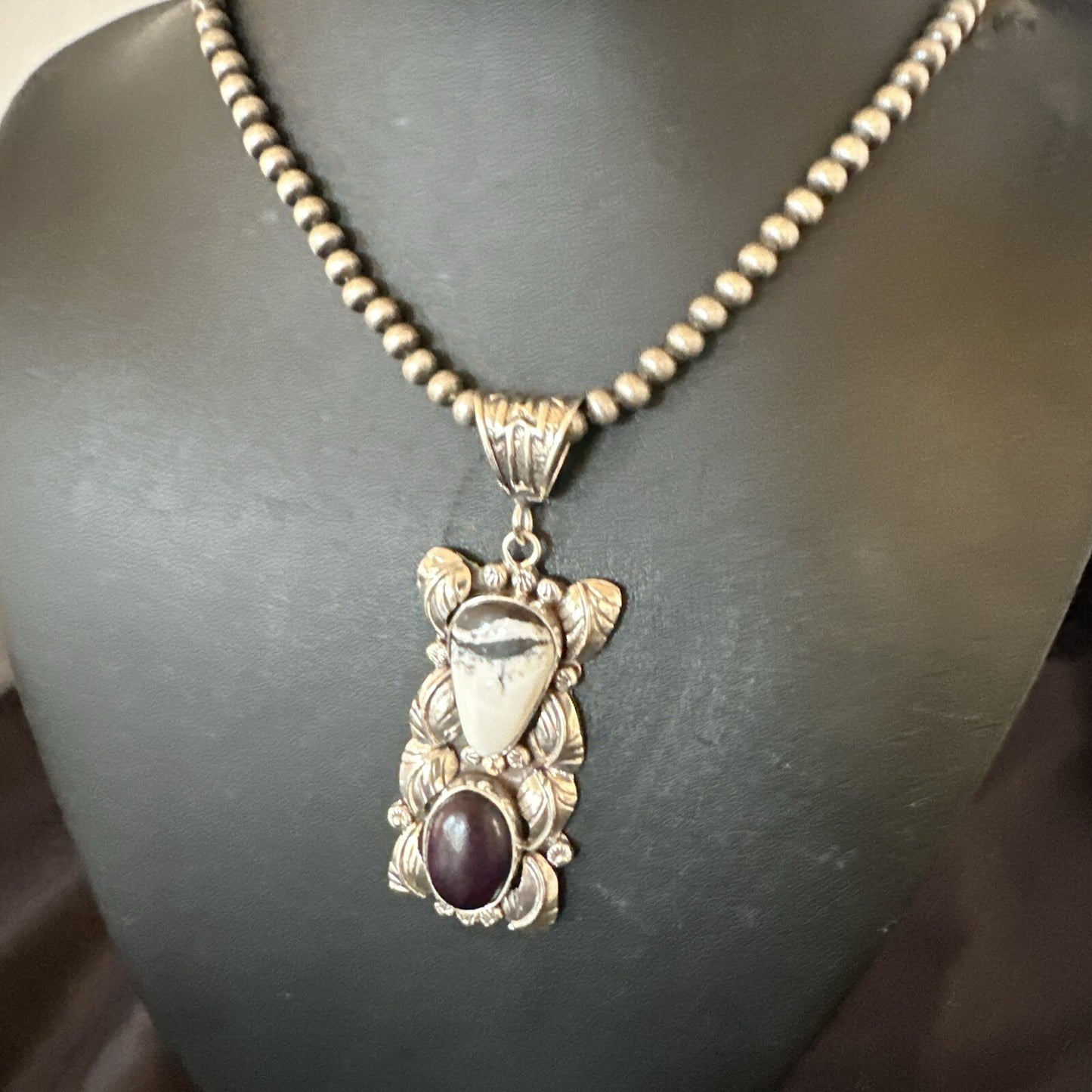 White Buffalo Turquoise  Purple Stone Pendant Navajo Sterling Silver 18036