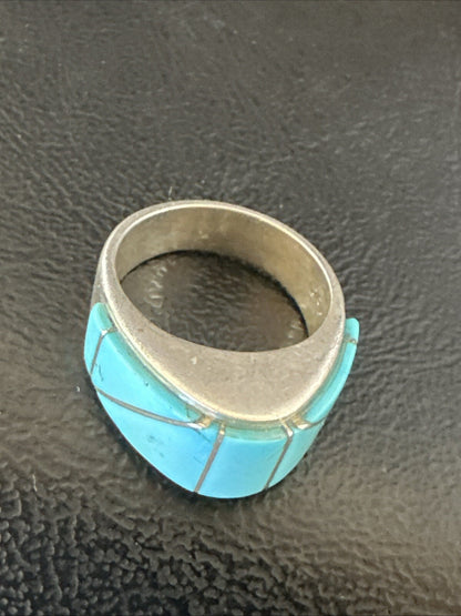 Blue Turquoise Native Navajo Sterling Silver Inlay Band Ring Size 7 18814