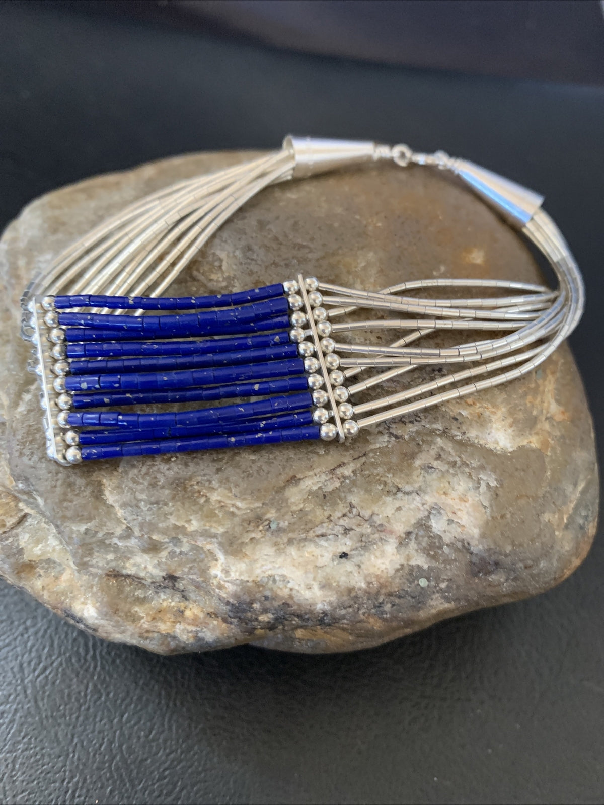 Blue Lapis Liquid Heishi Tubes 10 Strands Sterling Silver Bracelet 7.25" 12635