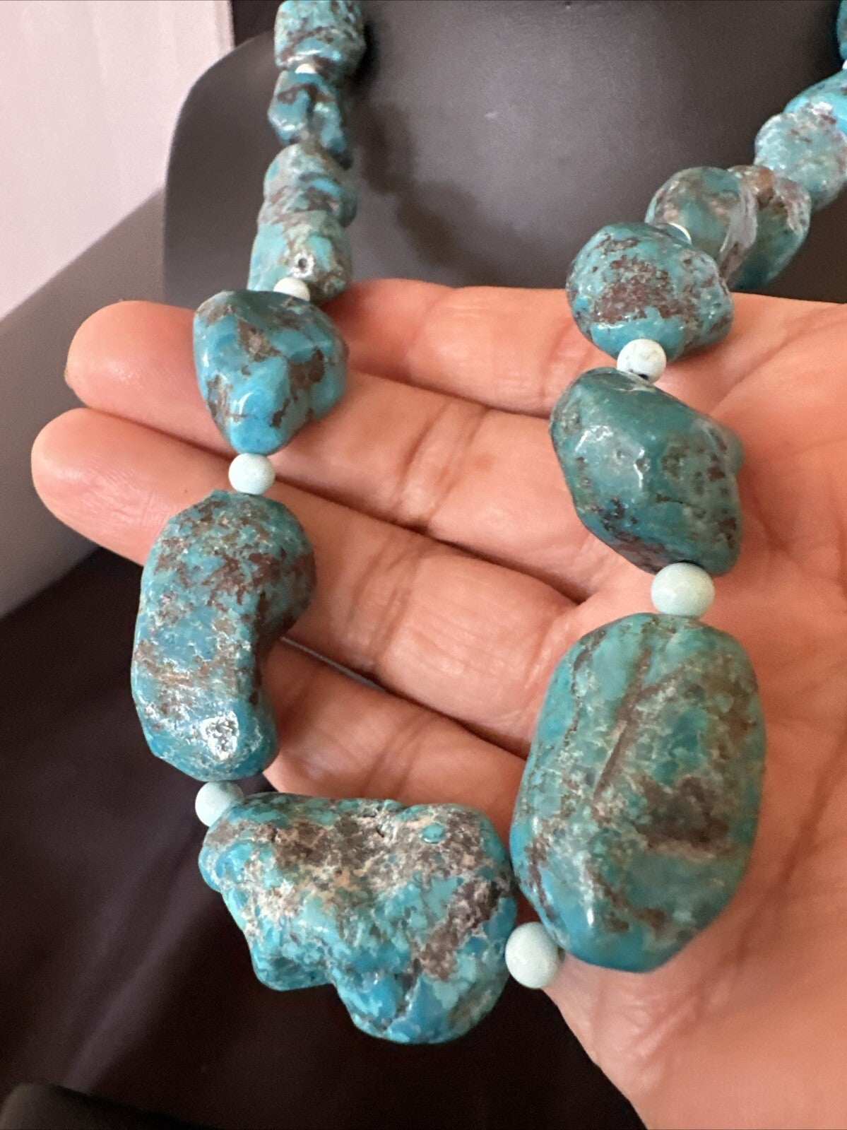 Blue Turquoise Chunky Nugget Navajo Sterling Silver Necklace 22” 18303