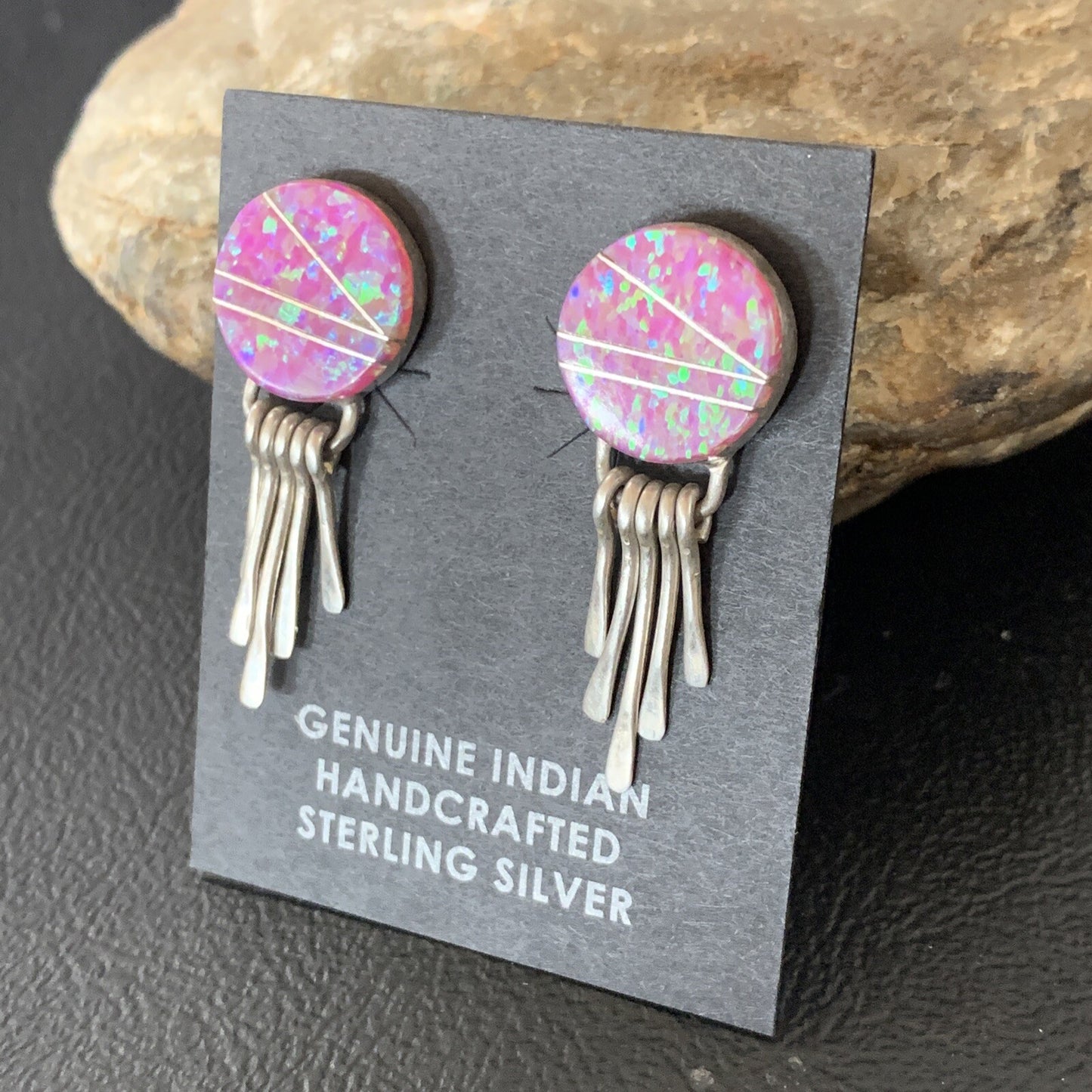 Womens Pink Opal Inlay Navajo Sterling Silver Dangle Post Earrings 1.3" 12758
