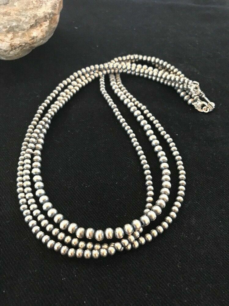 Native American 4, 5, 6 mm Sterling Silver Beads 3 Strand 36” Necklace