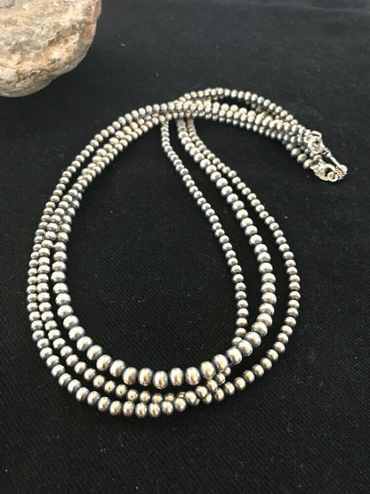 Native American 4, 5, 6 mm Sterling Silver Beads 3 Strand 36” Necklace