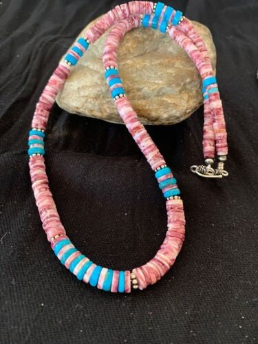 Navajo Turquoise & Spiny Oyster Necklace Sterling Silver 21" 4639