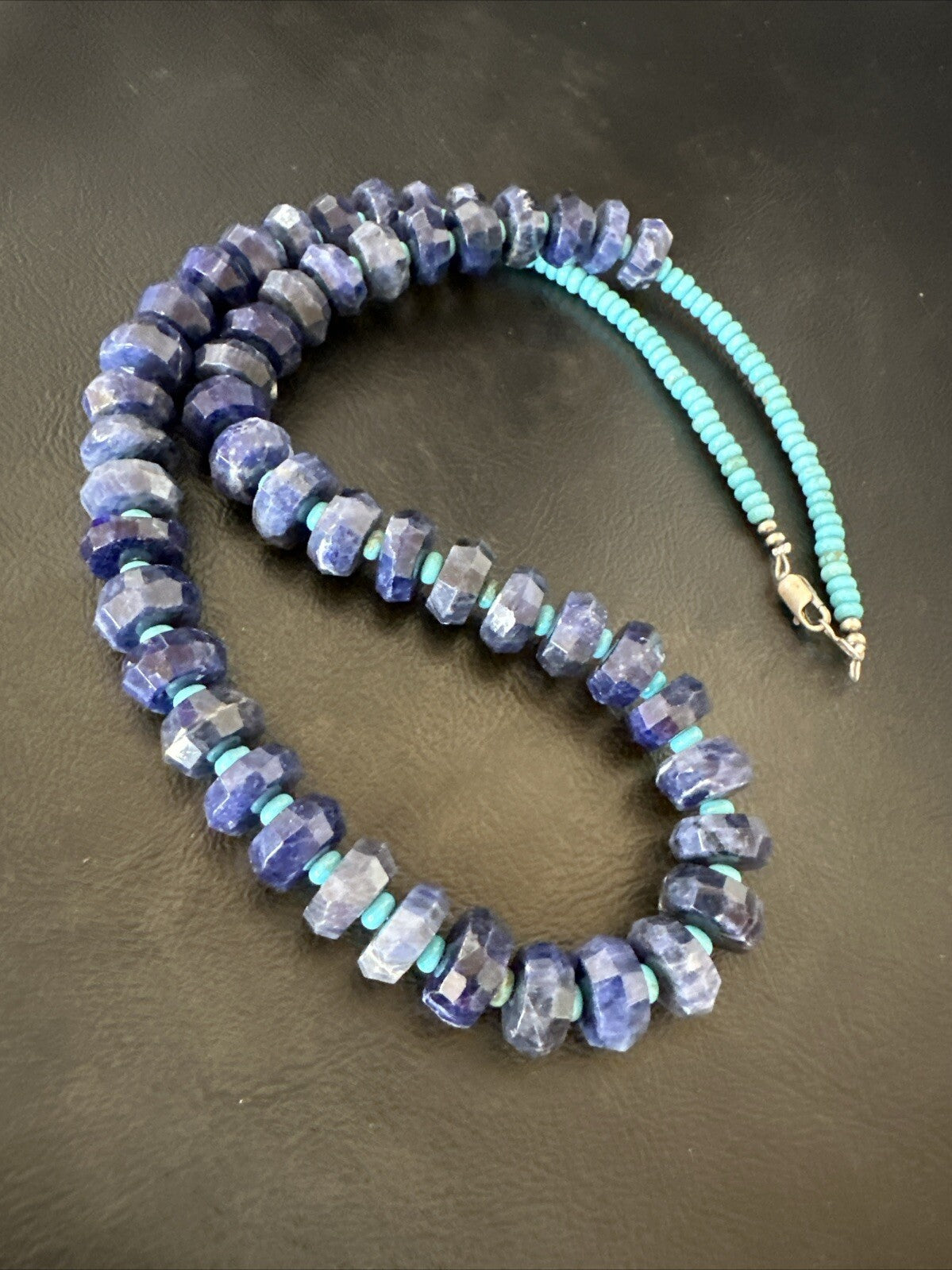 Mens Turquoise 12mm Faceted Lapis Bead Navajo Sterling Silver Necklace 21" 18277