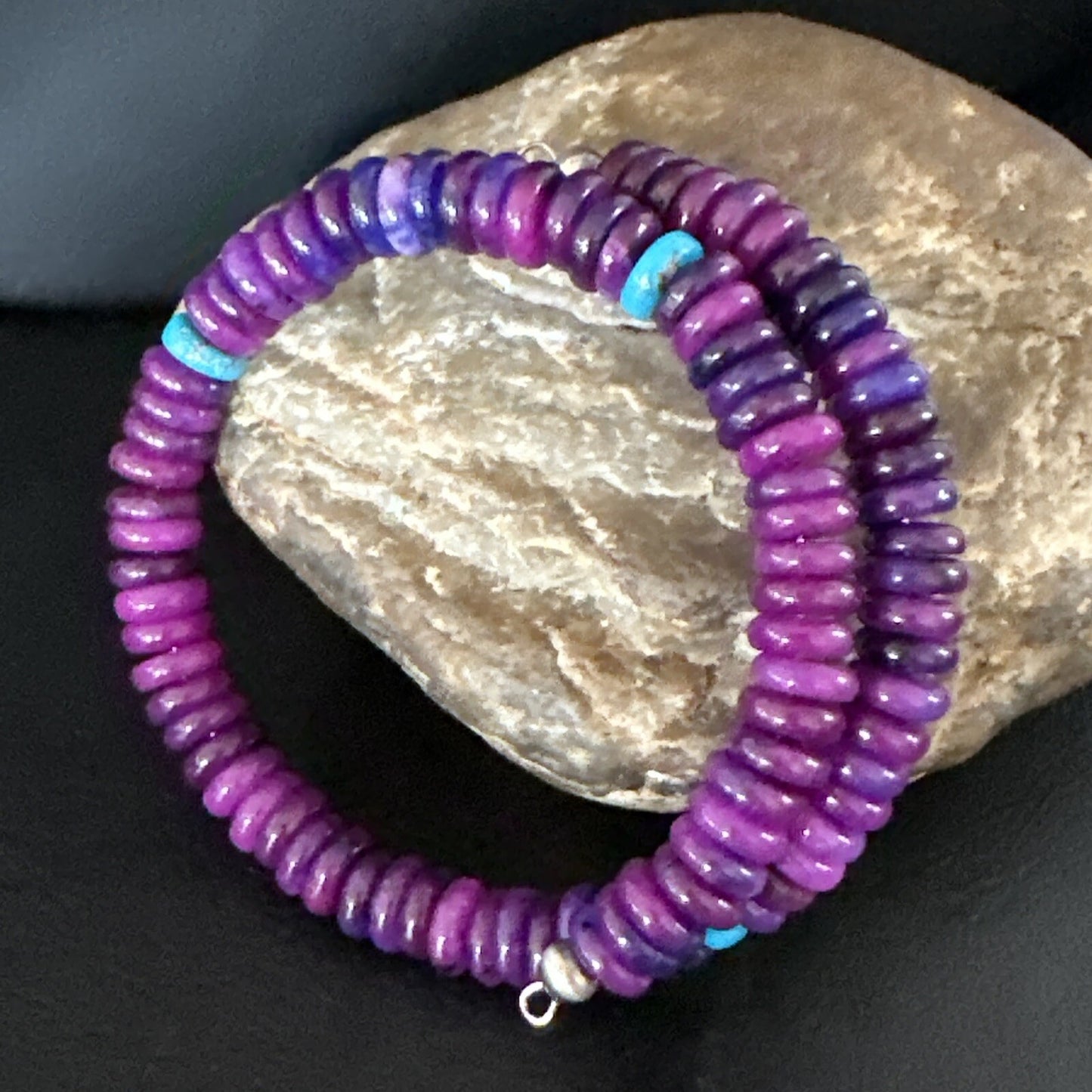 Purple Stone Turquoise 8mm Wire Bead Bracelet Navajo Sterling Silver 15241N