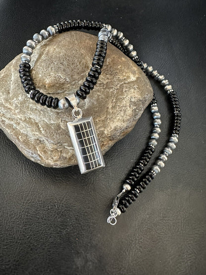 Mens Womens Black Onyx Pendant Navajo Sterling Silver Beads Necklace 18331