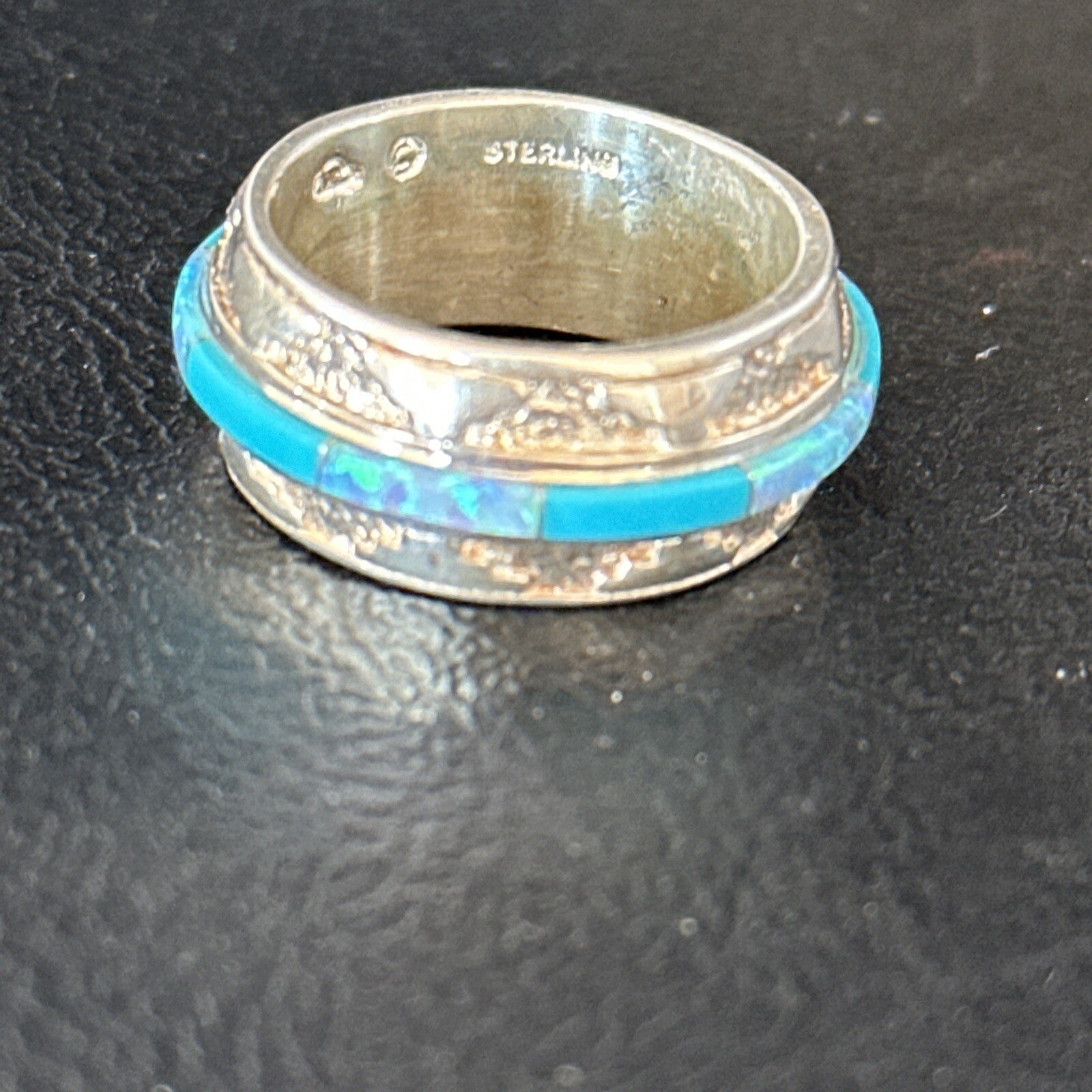 Turquoise & Opal Inlay Navajo Sterling Silver Eternity Band Ring Size 8 14542